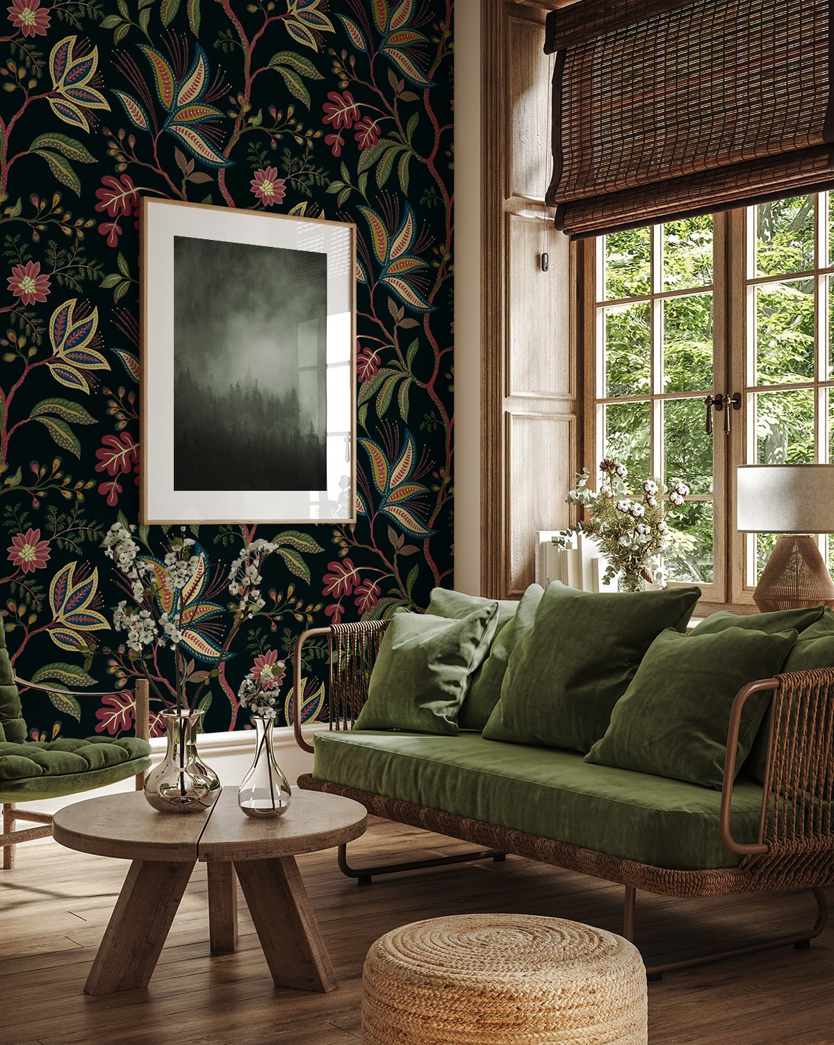 Dark botanical wallcovering in an elegant living room